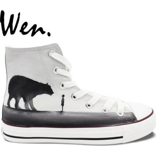 Wen Original Design Hand Painted Skateboard Shoes Bear a Little Boy High Top Men Womens Canvas Style Gray Sneakers for Gifts