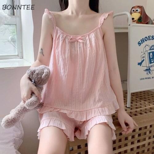 Pajama Sets Women Solid Color Summer Spaghetti Strap Cute Girls Teen Plus Size Casual Night Sleepwear Thin Comfortable Korean