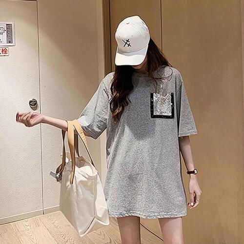 2021 Women Summer Loose Comfortable Medium Length Pocket O Neck Short Sleeves T-shirt