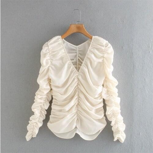 Female Shirts Blusas Chic Tops Women 2021 Fashion with Elastic Gathering Pleated Blouses Vintage V Neck Long Sleeve