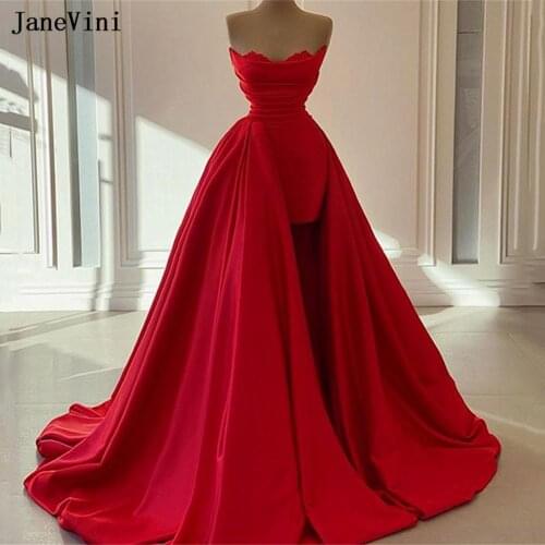JaneVini Red High Low Evening Dresses with Long Train 2020 Strapless Dubai Women Lebanon Designer Plus Size Satin Dinner Gowns