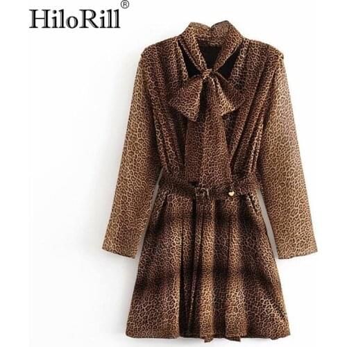 HiloRill Lady Leopard Mini Dress Bow Tie Collar Long Sleeve Streetwear Dresses Bandage Pleated High Street Sundresses Robe Femme