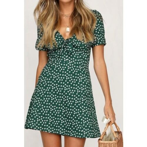 Women Dresses Summer Sexy V Neck Floral Print Boho Beach Dress Ruffle Short Sleeve A Line Mini Dress Wrap Sundress Robe