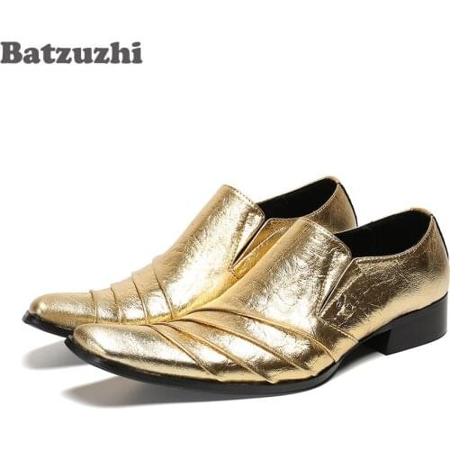 Batzuzhi Mens Dress Shoes Vintage Metal Pointed Toe Fashion Gold Leather Dress Shoes Men Party and Wedding Shoes, EU38-46