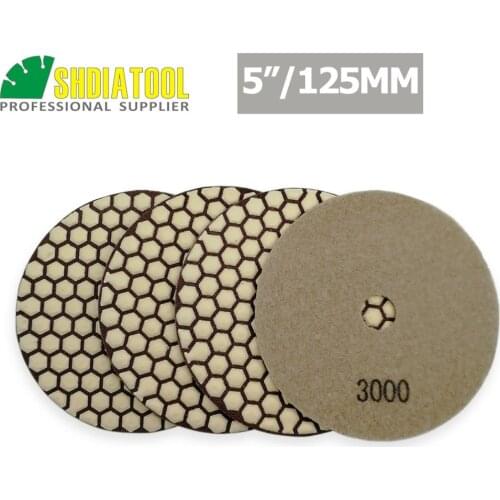 SHDIATOOL 4pcs 5" Grit #3000 Diamond Flexible Dry Polishing Pads 125mm Sanding Discs Disk Granite Marble Stone Polisher Pad