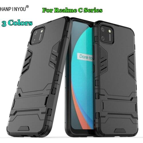 For Realme C20 C11 C15 Hybrid Soft TPU + Hard PC Dual Layer Armor Case Shockproof Bumper Stand Holder Cover Shell
