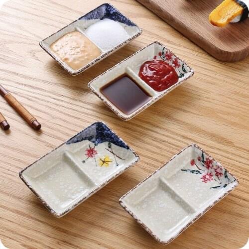 Double Grid Ceramic Serving Sauce Dish Creative Small Kitchen Plate