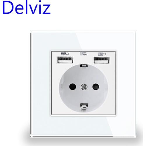 Delviz EU Standard USB Socket, 5V 2A Double usb charging interface, Wall Embedded 16A Power Outlet, Tempered Crystal Glass Panel