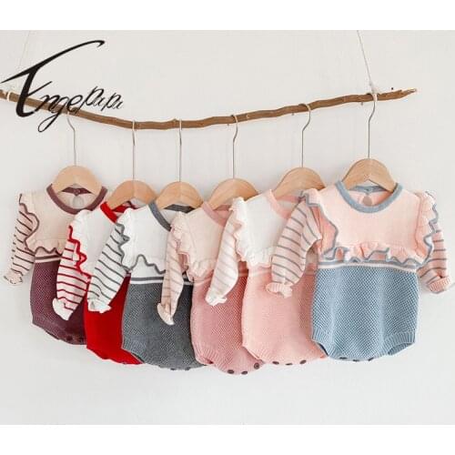 Engepapa Spring Autumn Stitching Stripe Knitting Long Sleeve Romper Toddler Baby Girl Knitting Clothes Baby Girls Jumpsuit