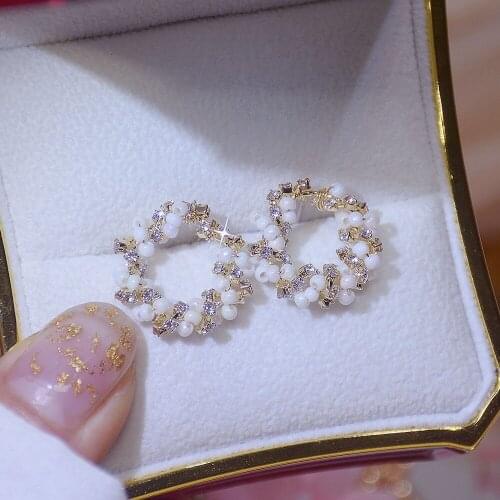 Korean Fashion Round Zircon Circle Women Earring Romantic 14K Real Gold High Quality Simple Stud Earrings Jewelry Pendant