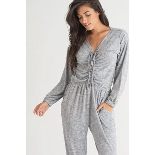 Summer new commuters fashion womens grey v collar long-sleeved loose-fitting trousers