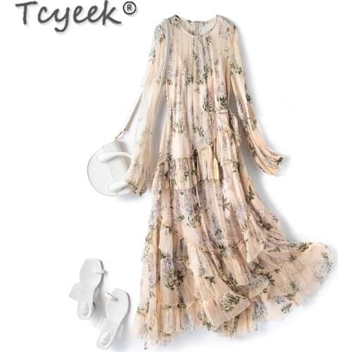 Tcyeek 100% Silk High Quality Summer Beach Dresses for Women 2021 Midi Floral Dress Long Sleeve Dress Vestidos De Verano Gxy26