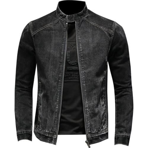 2021 Motorcycle Denim Jacket Men Spring Autumn Vintage Stand-up Collar Mens Cowboy Jackets Zipper Jeans Coat Plus Size M-5XL