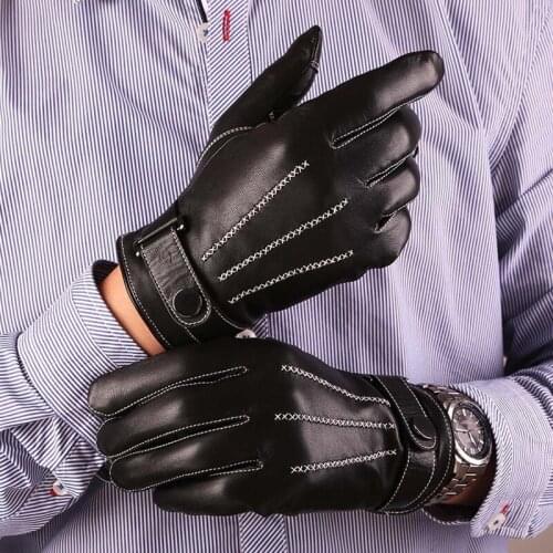 New Winter Men Leather Gloves Touch Screen Male Black Genuine Leather Gloves For Driving Warm Goatskin Mittens AGD009