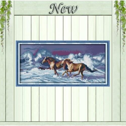 Two galloping horse in the snow animal Painting,Counted Print on Canvas DMC 14CT 11CT Cross Stitch Needlework Kit Embroidery Set