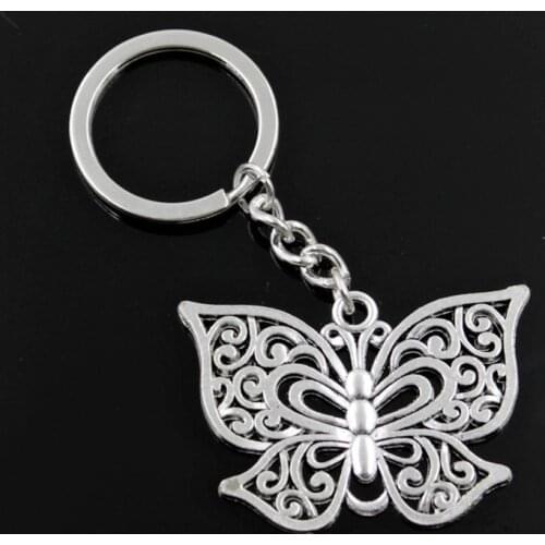 New Fashion Men 30mm Keychain DIY Metal Holder Chain Vintage Hollow Butterfly 35x50mm Silver Color Pendant Car Keychain Gift