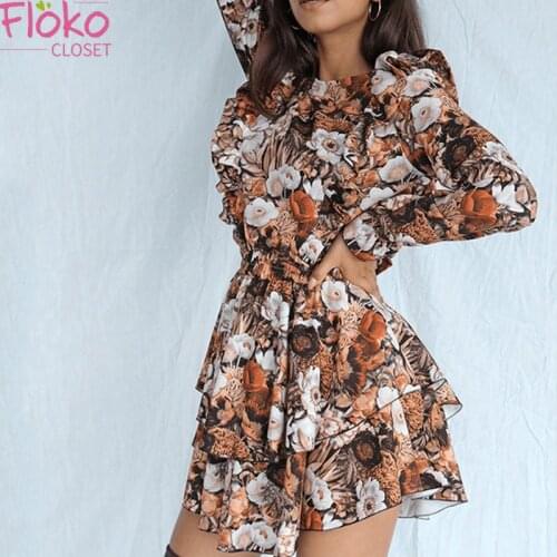 Flokocloset Autumn Vintage Floral Print Long Sleeve Ruffles Mini Dress Casual O-Neck Flying Sleeve Sweet Party Dress Vestidos