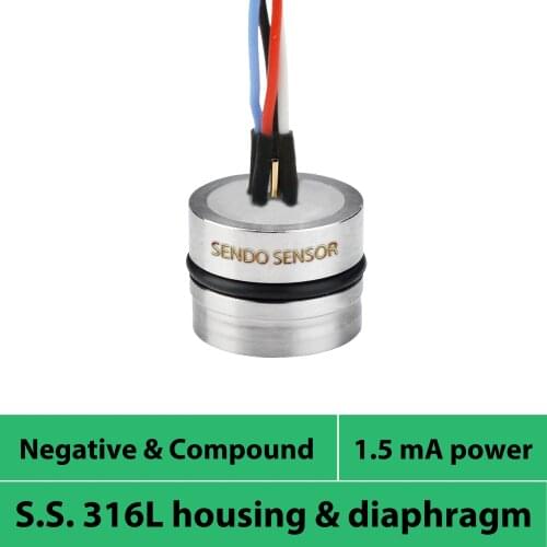 Pressure sensor capsule, 1.5mA DC supply, negative pressure -0.1, -0.2, -0.35, -1 to 0 bar, - 100, -200, -350 mbar to 0 bar