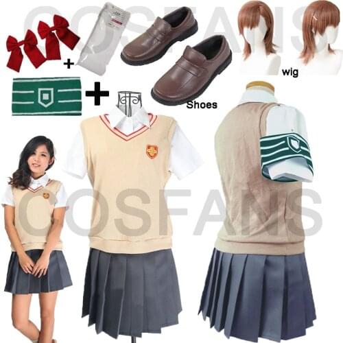 Toaru Kagaku no Railgun Misaka Mikoto Shirai Kuroko School Uniform Sweater Shirt Skirt Outfit Anime Cosplay Costumes Wigs shoes