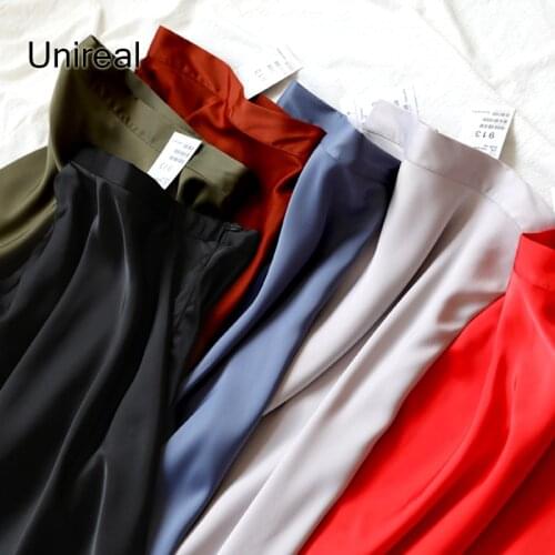 Unireal 2021 Summer Vintage Women Satin Skirt Office Lady High Waist Loose Female Long Skirt