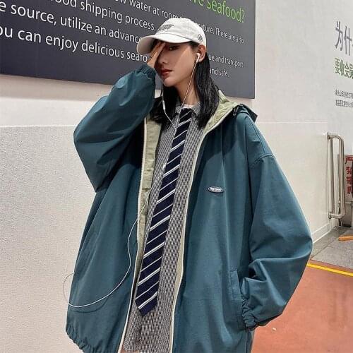 Women Zip-up Turn-down Collar Printed Pocket Long Sleeve Double Side Wearing Casual BF Ulzzang Harajuku Womens Daily Outwears