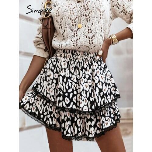 Simplee Holiday boho women leopard print lace a-line skirt ruffled High waist elastic mini skirts lady Casual skirt summer 2021