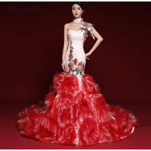 Fashion Vintage Go Show Cheongsam Modern Red Long Tailing Slim Qi Pao Women Traditional Chinese Dress Host Evening Gown Qipao