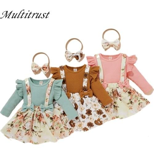 Toddler Girl Winter Clothes, Baby Girl Long Sleeve Shirts +Suspender Skirt 3pcs Baby Girl Outfits with Bow Headband