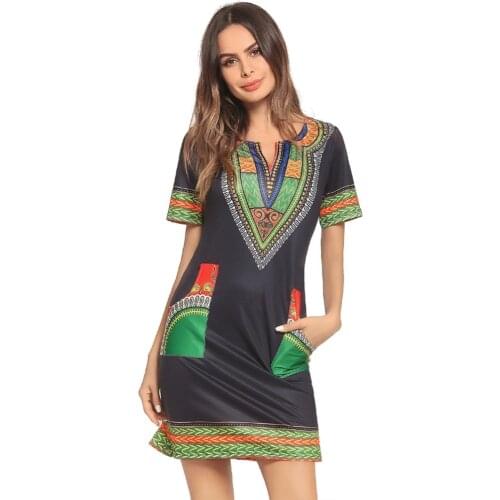 2019 New Summer Tribal Ethnic Wind Leisure Sexy, lovely, unique Fashion Home Holiday Beach V-neck Pocket Print Dress