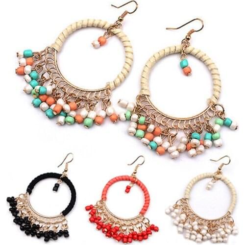 2022 Hot Sales!! 1Pair Earrings Boho Style Beads Tassel Design Alloy Dangle Hook Earrings for Daily Wear