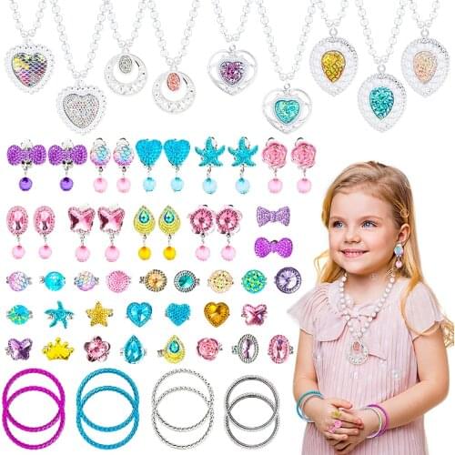 62Pcs Princess Pretend Jewelry Set Decor Princess-Toys Bags Necklace Bracelet Ring Earring Dress Up for Girls Party Supplies