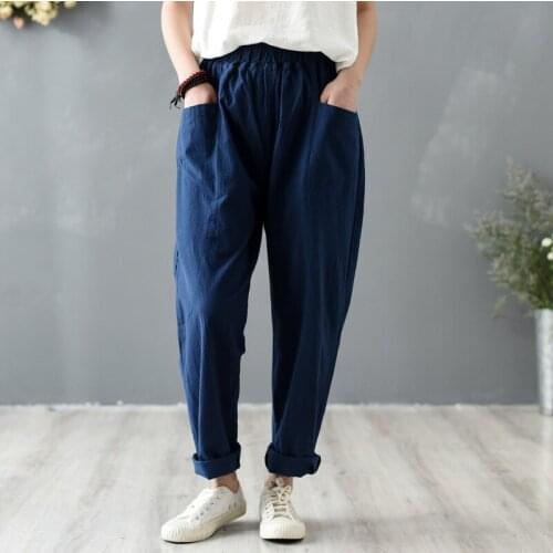 Women Spring Summer Cotton Linen Pants Ladies Elastic Waist Vintage Loose Trousers Female 2020 Retro Pants