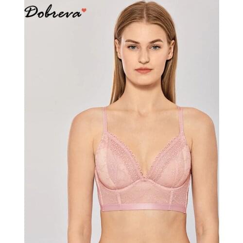 DOBREVA Womens Lace Bralette Non-Padded X-Back Underwired Longline Plunge Bra