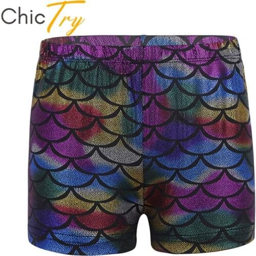 ChicTry Kids Shiny Mermaid Scales Pattern Low Rise Dance Shorts Girls Sports Workout Yoga Gymnastics Ballet Shorts Dance Wear