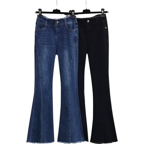 Spring Summer Fashion Womens Plus Size Denim Flare Slim Jeans Wide Leg Pants Bell Bottom Classic High Waist Trousers For Female