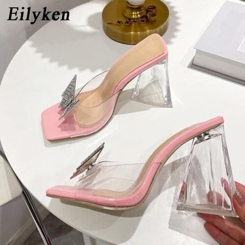 Eilyken Fashion Rhinestone Bowtie Buckle Slippers Women Summer PVC Transparent Jelly Sandals Crystal Perspex Heels Ladies Shoes