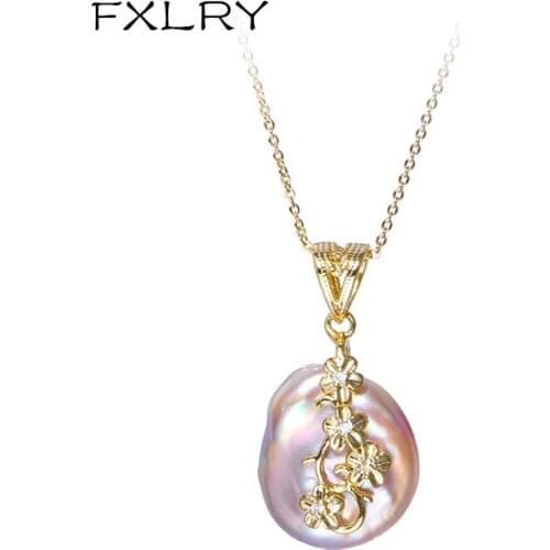 FXLRY Creative Baroque Button Pearl Simple Flower Pendant Necklace For Women Jewelry