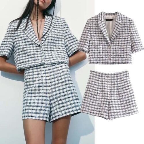 Klkxmyt Za 2021 Two Piece Set Women Office Suit Vintage Texture Casual Short Blazer Coat+High Waist Short Set Woman Summer Suit