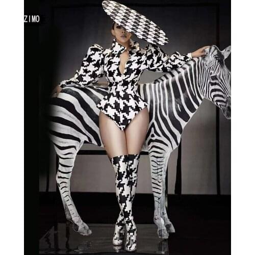 Suit Women 4 pieces Modern Festival Party Zebra Stripe Print Sexy Pole Dj Singer Stage Houndstooth Rave Dance drag queen Clothes
