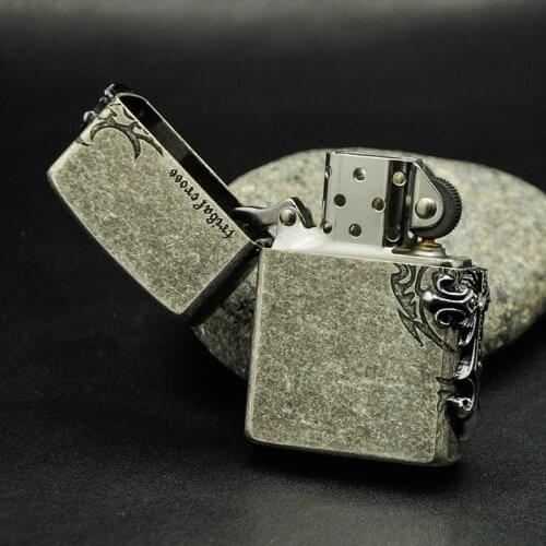 Kuboy Hot Style Classical Vintage Flint Antique Silver Knurled Side Cross Kerosene Lighter