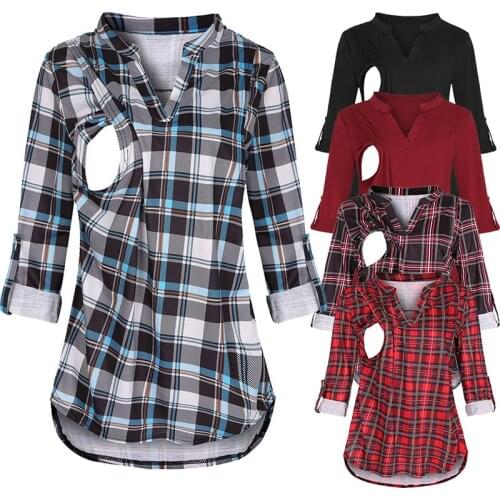 Summer Clothes Women Maternity Plaid Print Clothes Breastfeeding Tops Blouse Maternity Nursing Top Short Sleeves Blouse T-Shirt
