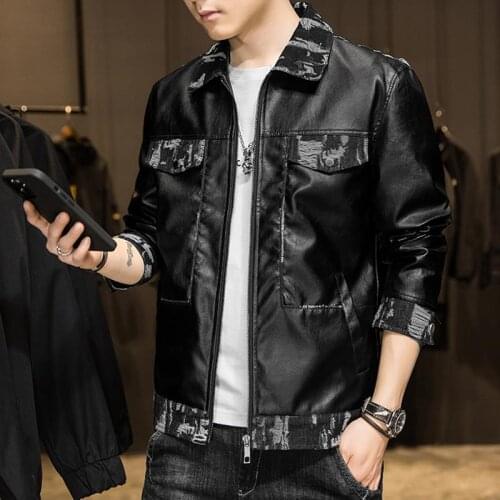 2022 Mens New Lapel Zipper Stitching Motorcycle Leather Clothing Youth Camouflage Multicolor Printing Sets PU Leather Jacket