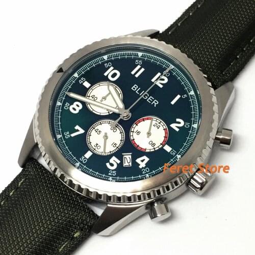 Bliger 45mm Leather strap watch silver case green dial luminous Japan VK quartz movement mens Chronograph quartz watch
