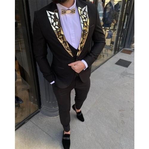 3 Pieces Black Men Suits Luxury Glitter Sequins Jacket+Pant+Vest Custom Made Wedding Suits Formal Party Suit