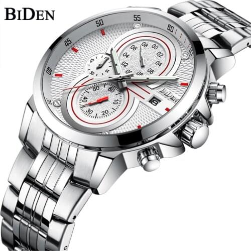BIDEN Men Quartz Watch Full Stainless Steel Waterproof Chronograph Sports Wristwatch Male Calendar Clocks Gifts reloj hombre