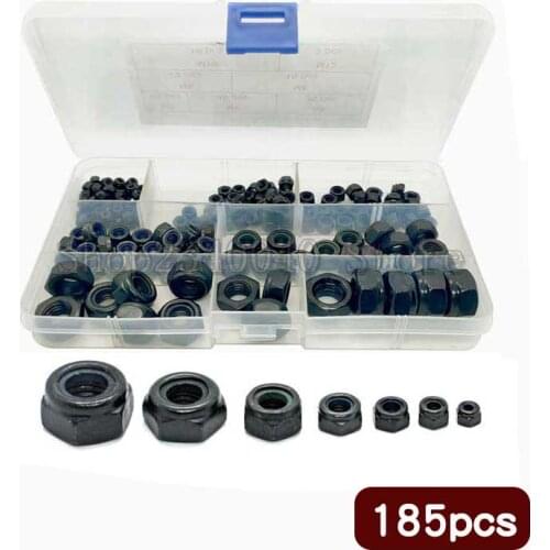 185pcs/set Caron Steel Hex Screw Nut Set Socket Head Cap Screws M3 M4 M5 M6 M8 M10 M12 Lock Nuts Black Nut Kit