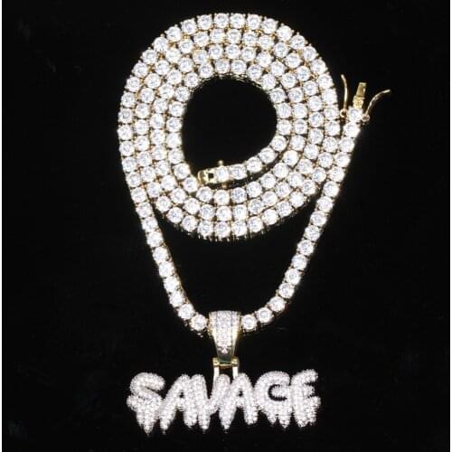 New Fashion Charm Iced Out Bling CZ Tennis Chain Hip Hop SAVAGE Letter Pendant Copper Micro Pave with CZ Stones Necklace