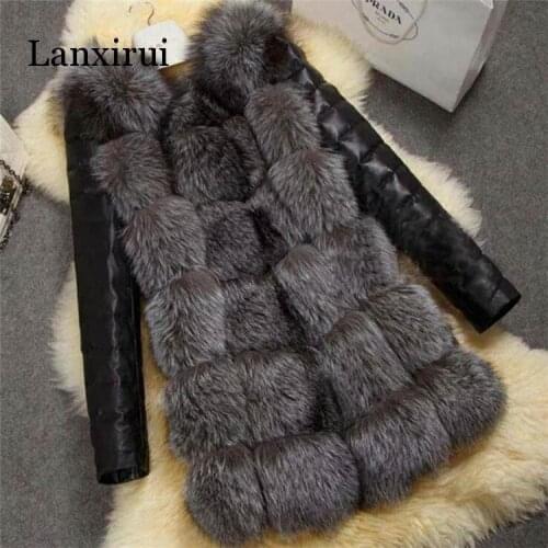 New High Quality High Imitation Silver Fox Fur Coat PU Sleeves Warm Winter Coat Fox Coat Big Yards Overcoat