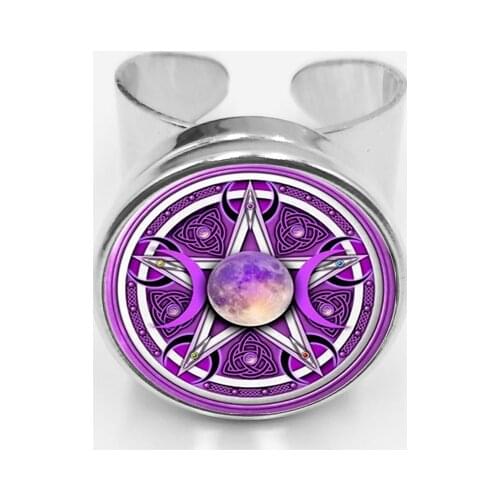 Initial / Glamour Purple Triple Moon Goddess Ring Pentagram Witchcraft Protection Crescent Supernatural Snap Ring