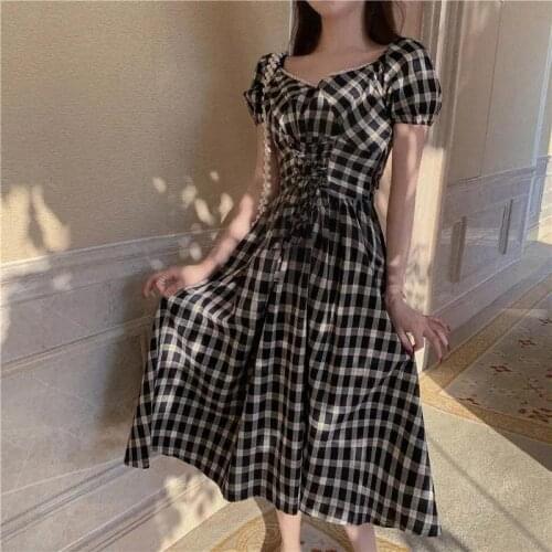 French Retro Plaid Dress Women Summer Bandage Waist Slimming Midi Dresses Female Fashion V-Neck Short Sleeve A-line Vestido